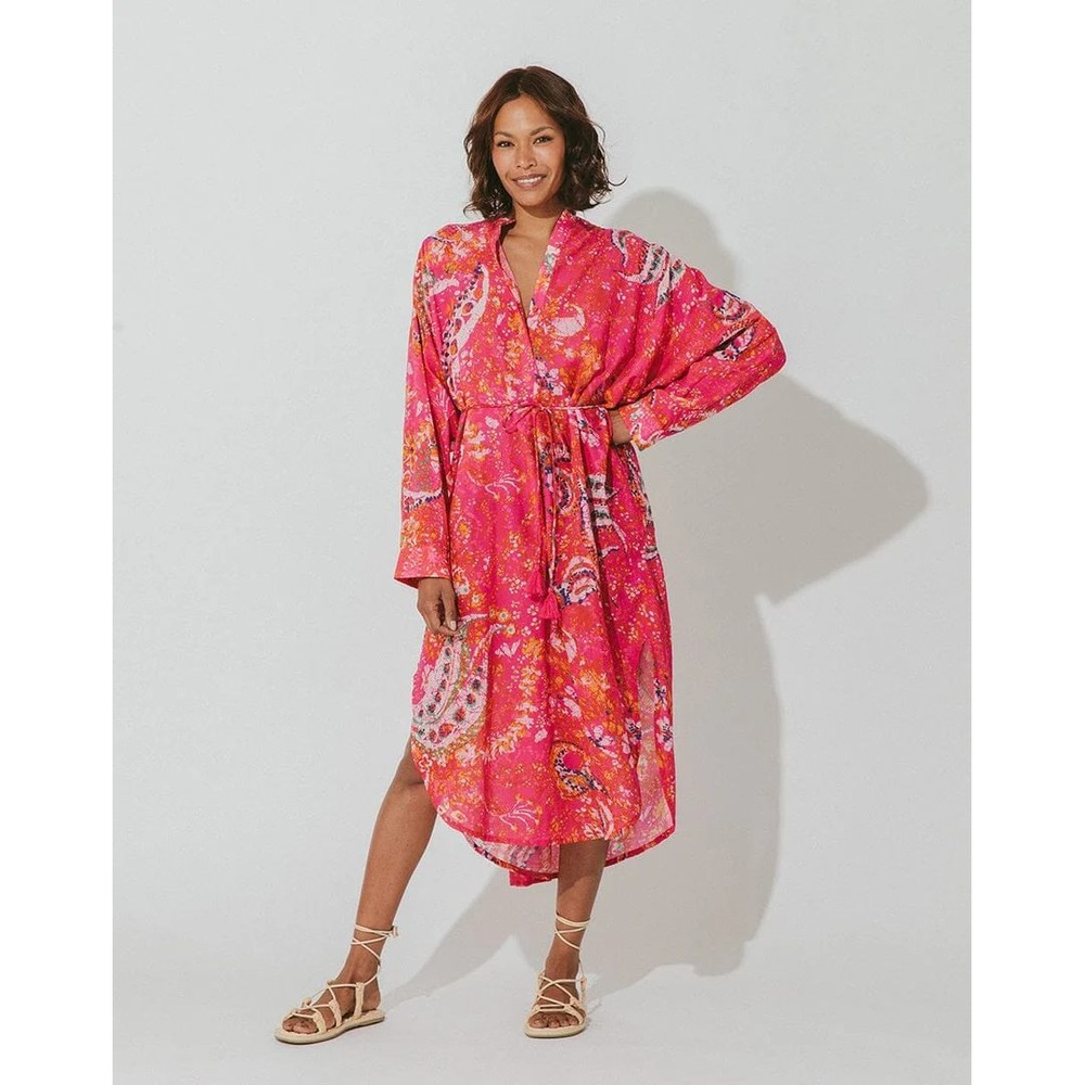 Cleobella Rohita Kaftan Hibiscus Pink Floral Organic Cotton Maxi Dress Small